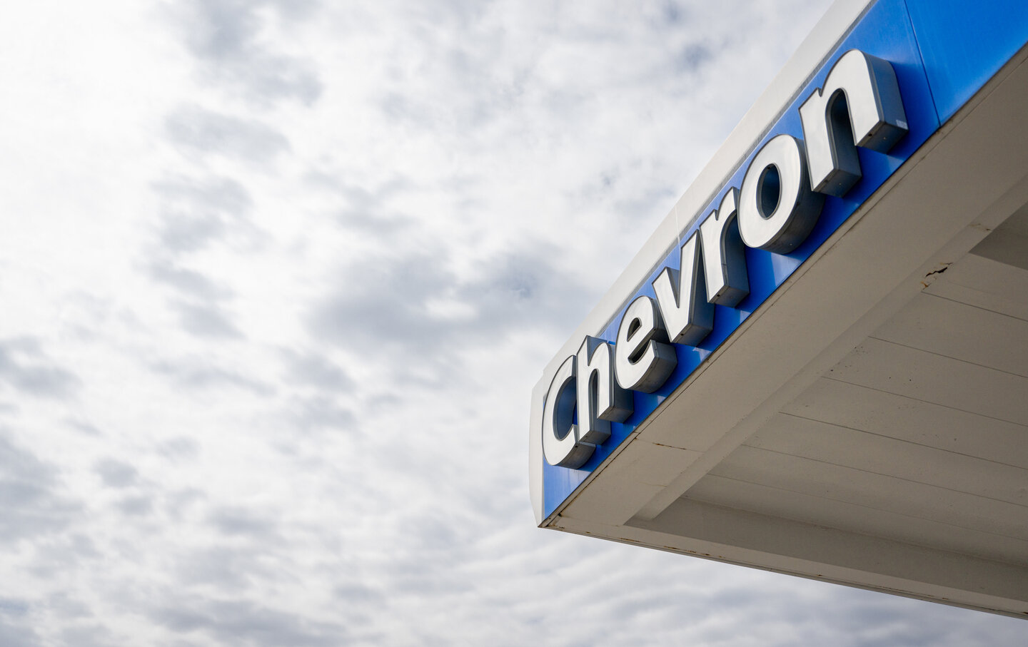 The Chevron gas station logo is seen on February 13, 2025, in Austin, Texas.