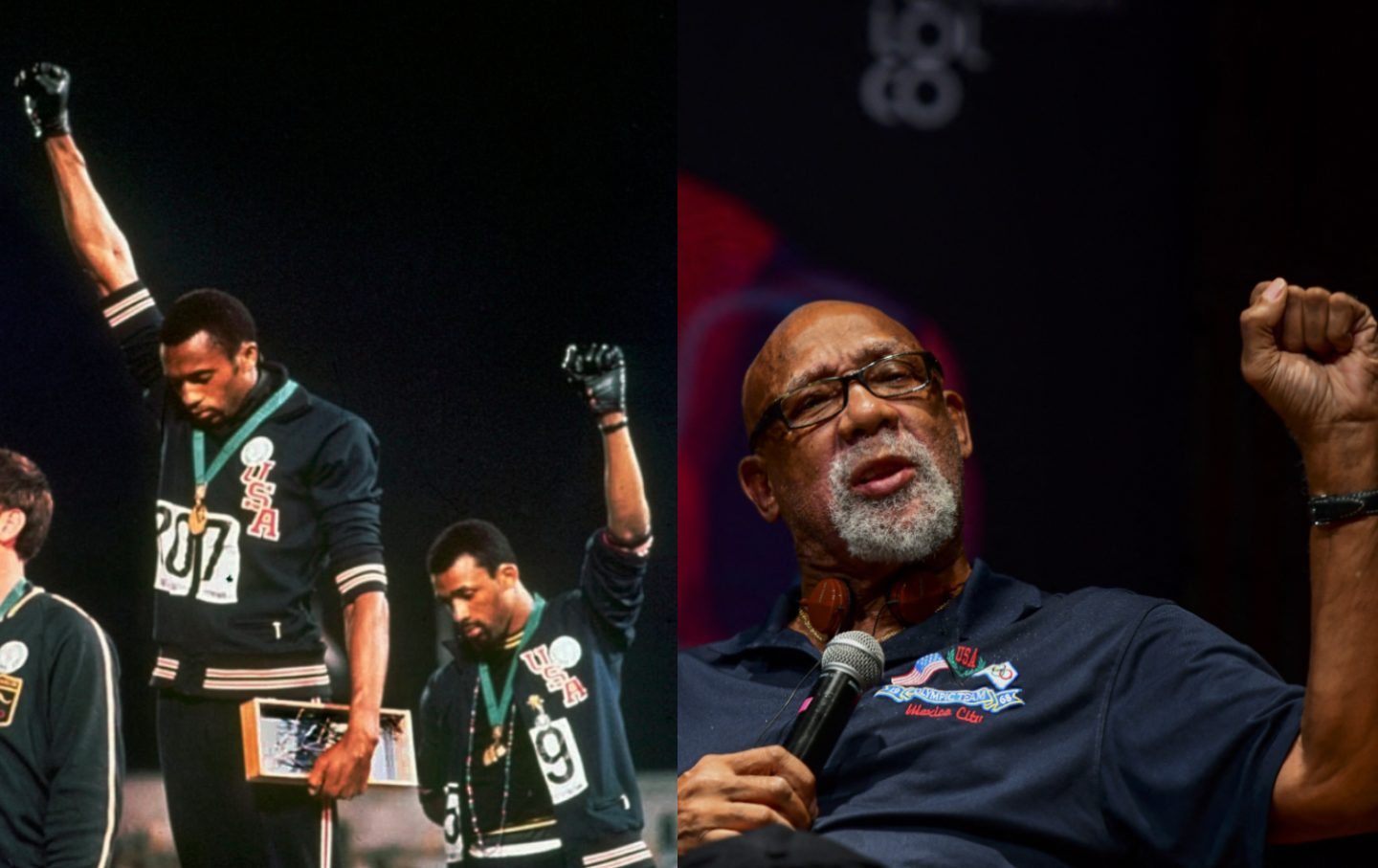 Tommie Smith and John Carlos, gold and bronze US medalists, raise fists in a Black Power salute at the 1968 Olympic Games (left). John Carlos repeats salute at a conference on September 24, 2018 (right).