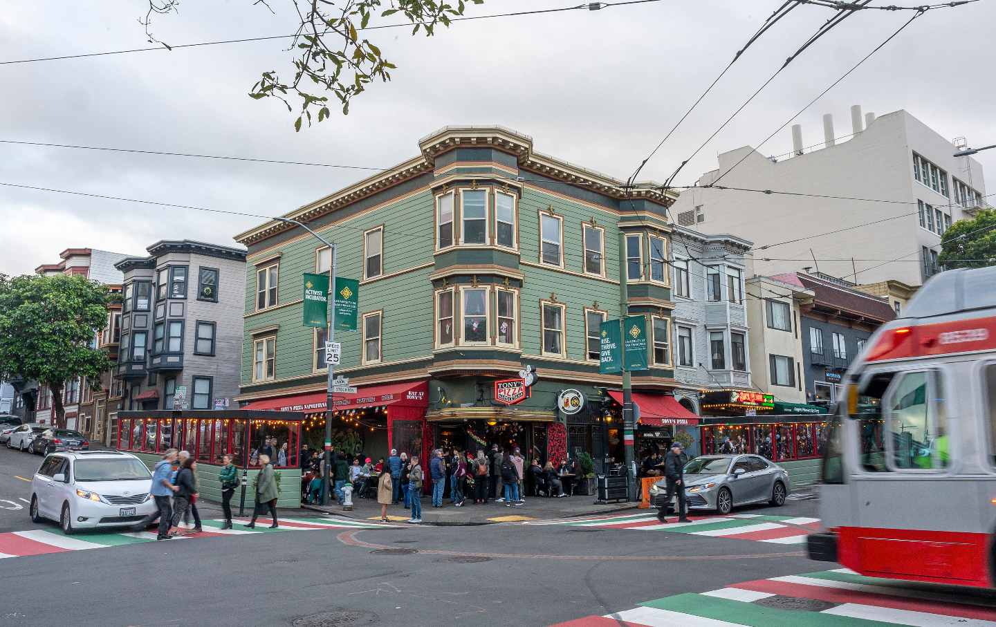 Pedestrians cross Union Street in the North Beach district in San Francisco.